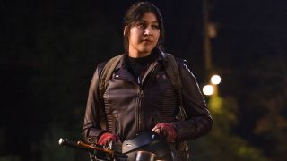 Alaqua Cox as Maya Lopez with motorcycle in Echo