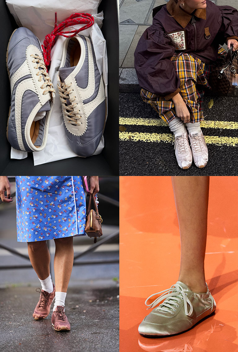 Women wearing satin sneakers