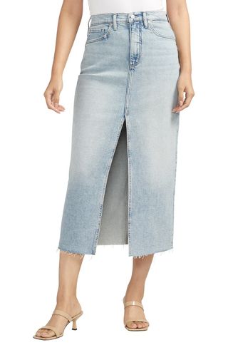 Front Slit Denim Midi Skirt