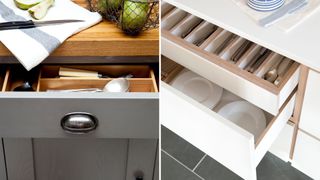 compilation image of kitchen drawers with dividers to show smart small kitchen storage ideas