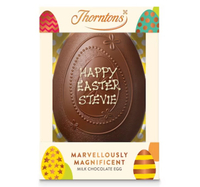 4. Thorntons Marvellously Magnificent Easter Egg 650g
RRP: £27 | Delivery: Next day delivery available
If you're looking to give a classic chocolate Easter egg this April - why not make it a Thorntons' personalised egg? A handwritten, personal message in icing can be added to your egg - up to 30 characters long. 
This large luxurious egg is made with Thorntons' finest milk chocolate.