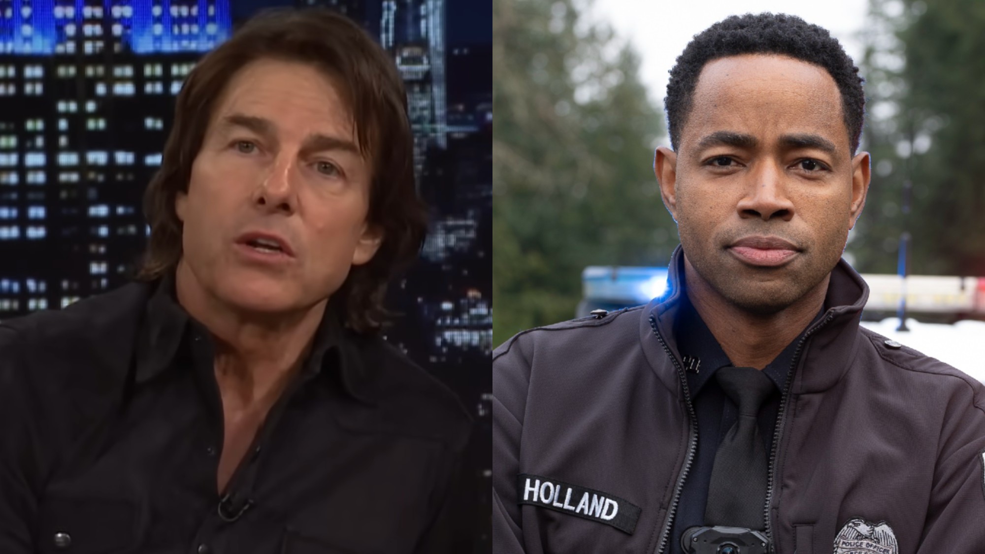 From L to R: Tom Cruise on The Tonight Show, Jay Ellis as Alex Holland on The Rookie: North.