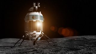 The MX-1E lander sits on the lunar surface in this artist’s illustration. Moon Express plans to the launch the MX-1E, which uses eco-friendly fuels, toward the moon later this year.