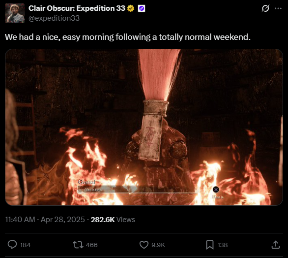 A tweet showing the text "We had a nice, easy morning following a totally normal weekend" and a Gestral on fire.