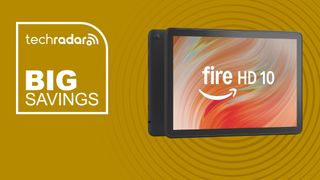 The Amazon Fire HD 10 on a yellow background with text saying Big Savings.