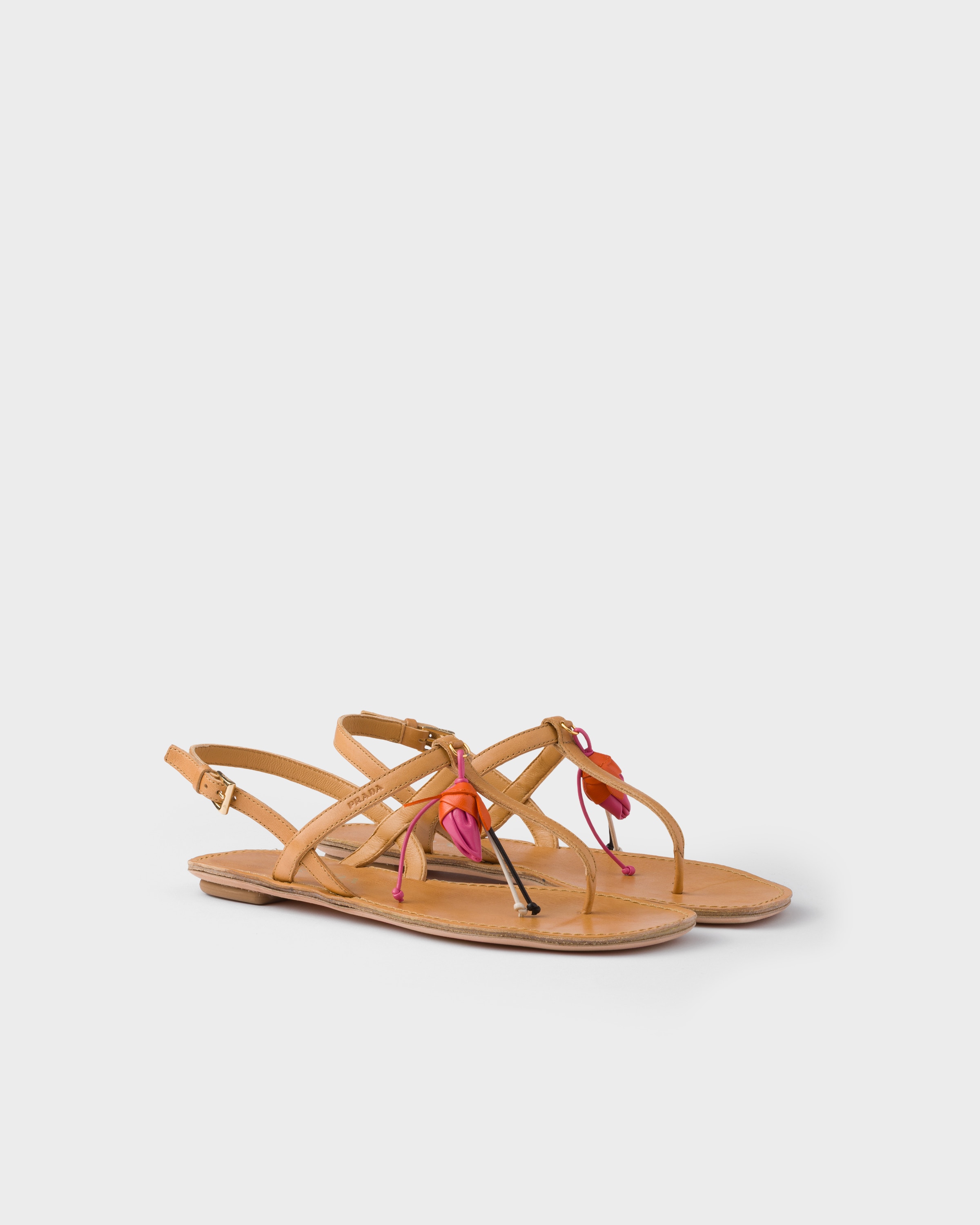 Antiqued Leather Thong Sandals With Floral Ornament Black
