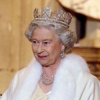 Queen Elizabeth wearing a diamond tiara and fur stole