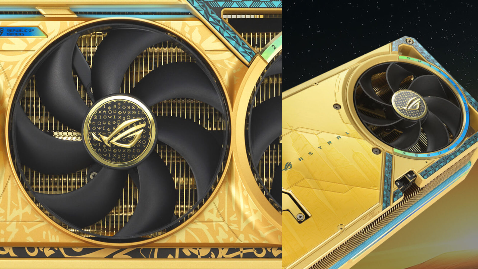 Promotional image of the Asus ROG Astral RTX 5090 Dhahab OC Edition graphics card