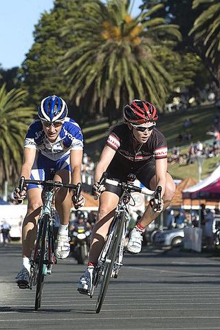 Tiffany Cromwell (Honda Womens Cycling Team) leads Helen Kelly (Jayco VIS/NSWIS) during their winning break on day three.