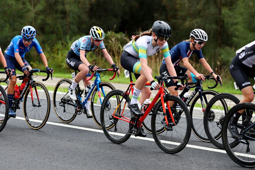 WOLLONGONG AUSTRALIA SEPTEMBER 24 LR Xaydee Van Sinaey of Belgium and Talia Appleton of Australia compete during the 95th UCI Road World Championships 2022 Women Junior Road Race a 672km one day race from Helensburgh to Wollongong Wollongong2022 on September 24 2022 in Wollongong Australia Photo by Con ChronisGetty Images