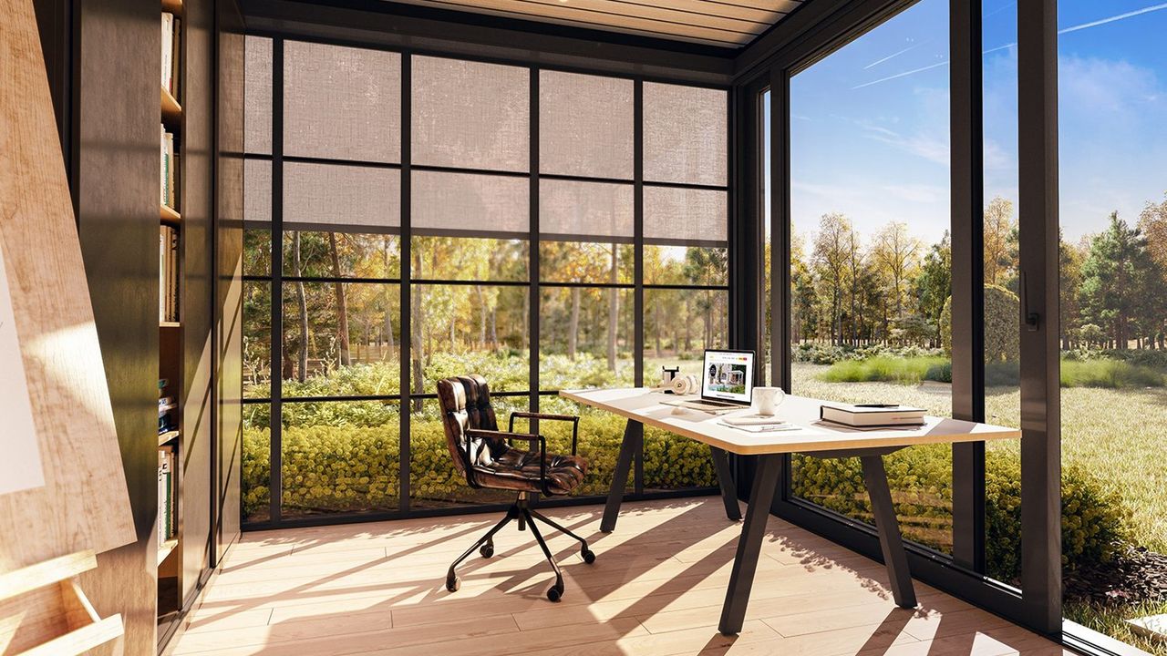 Garden shed office with large windows