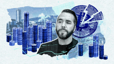 Nayib Bukele, President of El Salvador, on an illustrated backdrop depicting stylised Bitcoin and stacks of coins