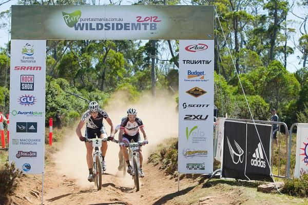 Victorian Paul Van Der Ploeg, left, wins the first stage by a hundredth of a second from NSW veteran Andrew Blair. Sid Taberlay was right on their wheel in third.