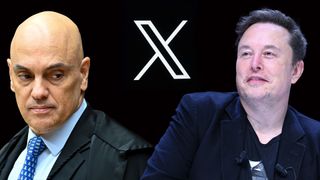 Close-up of Alexandre de Moares, Minister of the Supreme Federal Court of Brazil, and Elon Musk, owner of X (formerly known as Twitter) on a black background with the X logo between them.