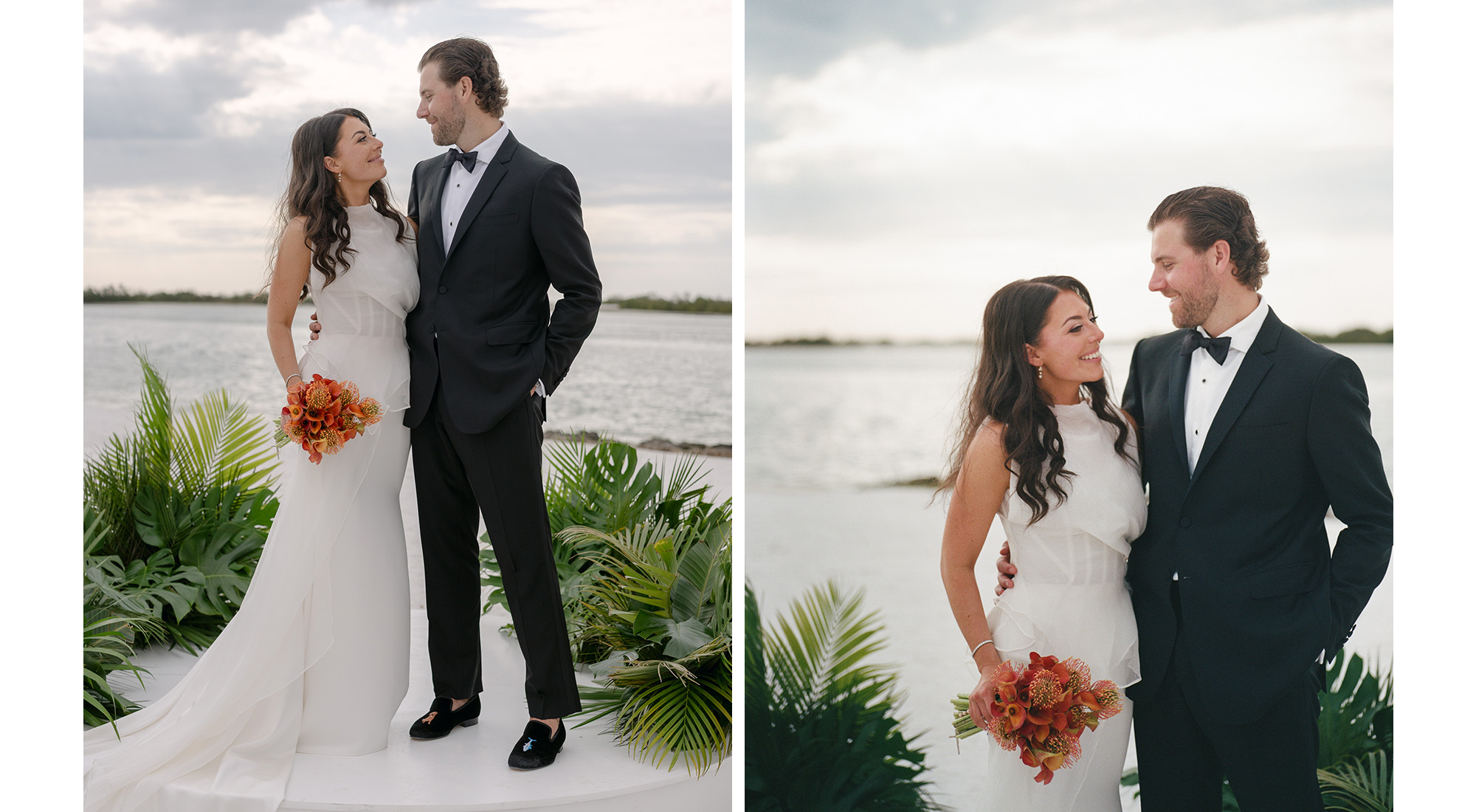 Collage of Kelli Orihuela and Chris Denci in their wedding outfits.