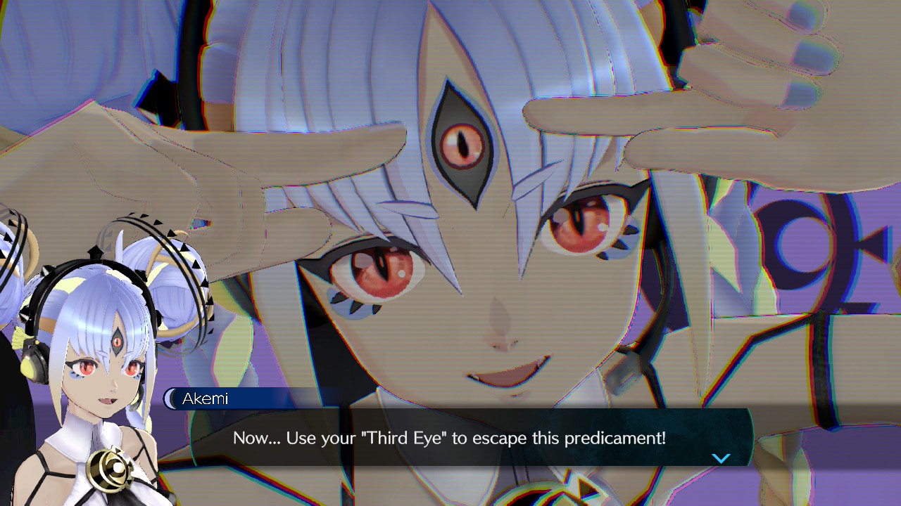 Akemi tells Iris to use her third eye to solve the escape room in No Sleep for Kaname Date - From AI: The Somnium Files