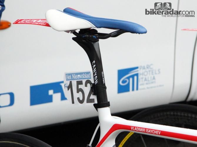 Vladimir Isaichev (Katusha) runs his saddle far forward on the rails. And yes, that's a disguised Specialized S-Works Romin