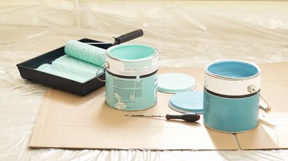 Opened paint tins with a paint roller in a tray