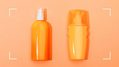 Two sunscreen bottles against an orange background to represent sunblock vs sunscreen