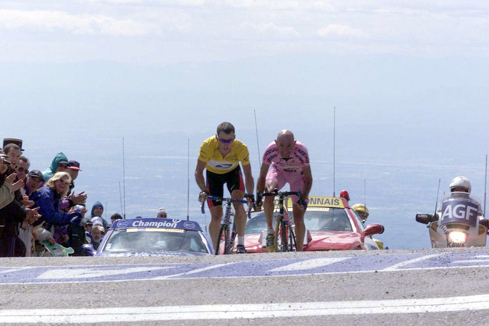Marco Pantani and Lance Armstrong approach the finish on Mount Ventoux