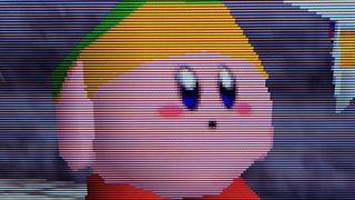 Close up of Analogue 3D running Super Smash Bros N64 on LG OLED TV featuring Kirby with Link hat.