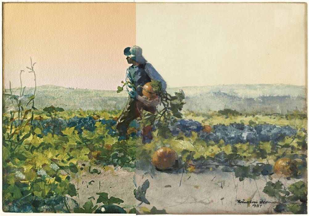 This image shows the 1887 Winslow Homer painting &quot;For to Be a Farmer&#039;s Boy&quot; as it now appears (right) and a digital recreation of the original coloring (left). 