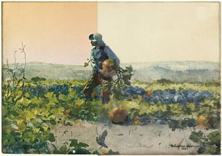 This image shows the 1887 Winslow Homer painting "For to Be a Farmer's Boy" as it now appears (right) and a digital recreation of the original coloring (left). 