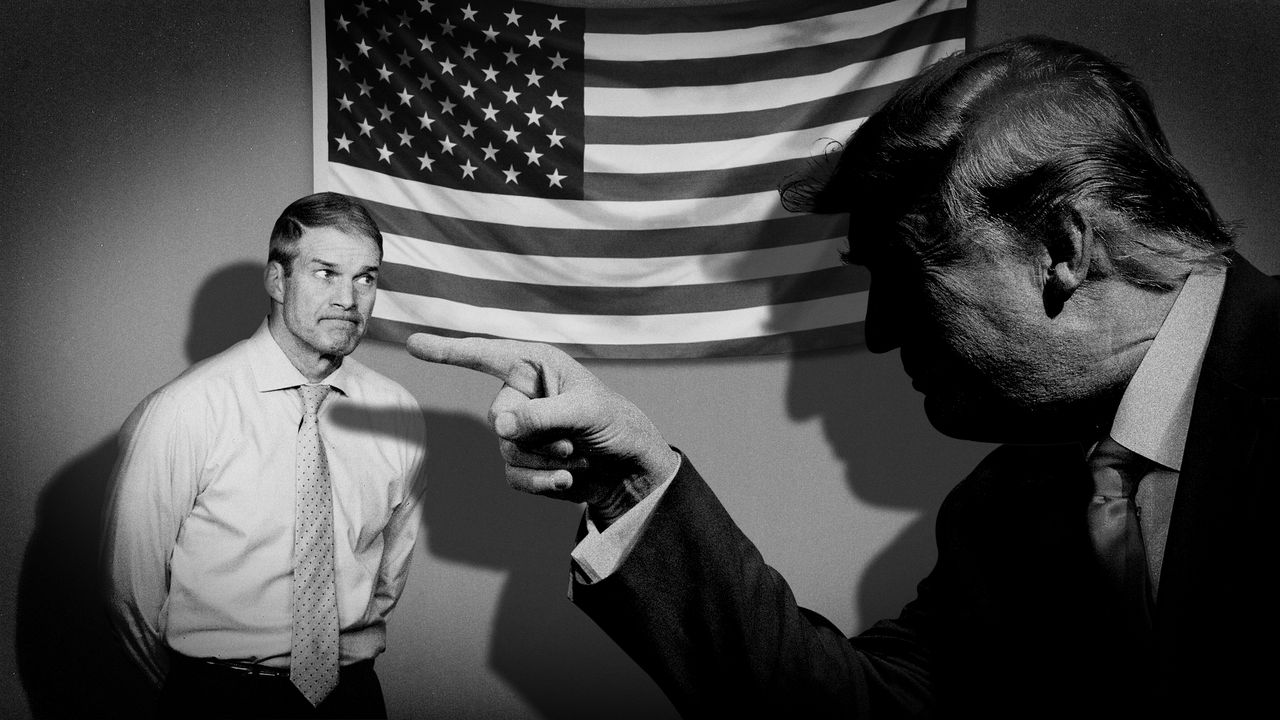 Illustration of Donald Trump pointing at Jim Jordan