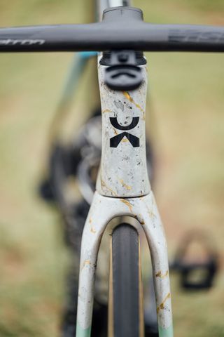 The headtube of the Astana X Lab bike on some grass