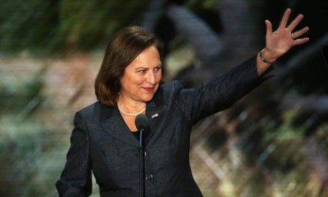 Nebraska&amp;#039;s Republican nominee for the U.S. Senate Deb Fischer waves before her Republican National Convention speech on Aug. 28.