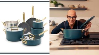 composite of the 11pc cookware TUCCI set and a image of Stanley Tucci holding the Dutch Oven