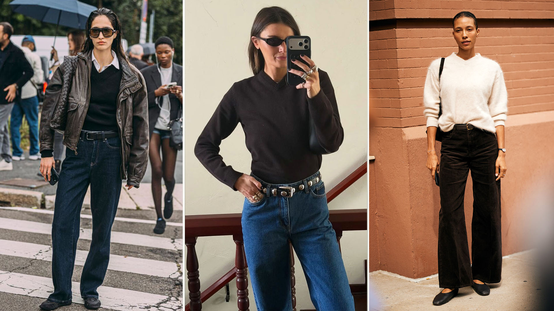 Women wearing high V-neck sweaters and pants.