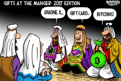 Political cartoon U.S. Bitcoins Christmas gifts