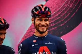 CAMIGLIATELLO SILANO ITALY OCTOBER 07 Start Filippo Ganna of Italy and Team INEOS Grenadiers Team Presentation during the 103rd Giro dItalia 2020 Stage 5 a 225km stage from Mileto to Camigliatello Silano 1275m girodiitalia Giro on October 07 2020 in Camigliatello Silano Italy Photo by Stuart FranklinGetty Images