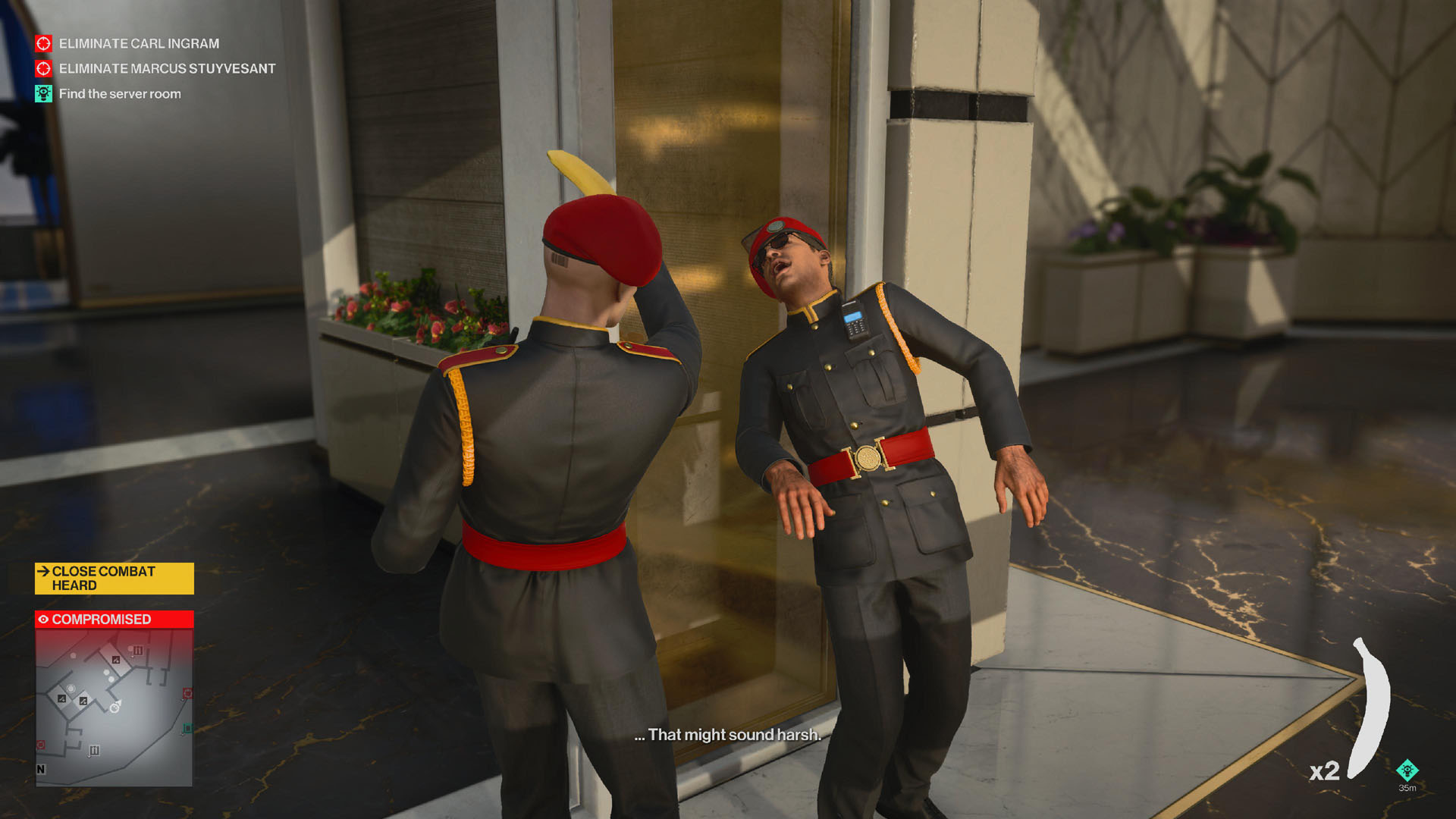 Agent 47 clocks a guard with a banana in Hitman 3