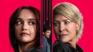 The Girlfriend's Olivia and Cherry looking at each other with Daniel in between them underneath dripping blood