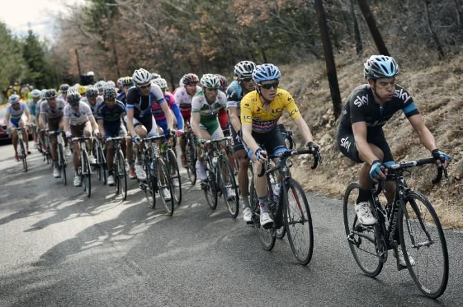 Andrew Talanksy (Garmin-Sharp) sits on the wheels of Team Sky