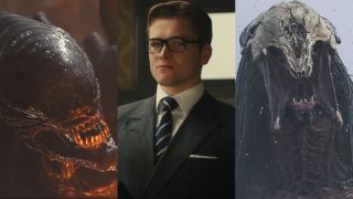 A wary looking Taron Egerton from Kingsman: The Secret Service, pictured in-between a snarling Xenomorph from Alien: Romulus and a roaring Predator from Prey. 