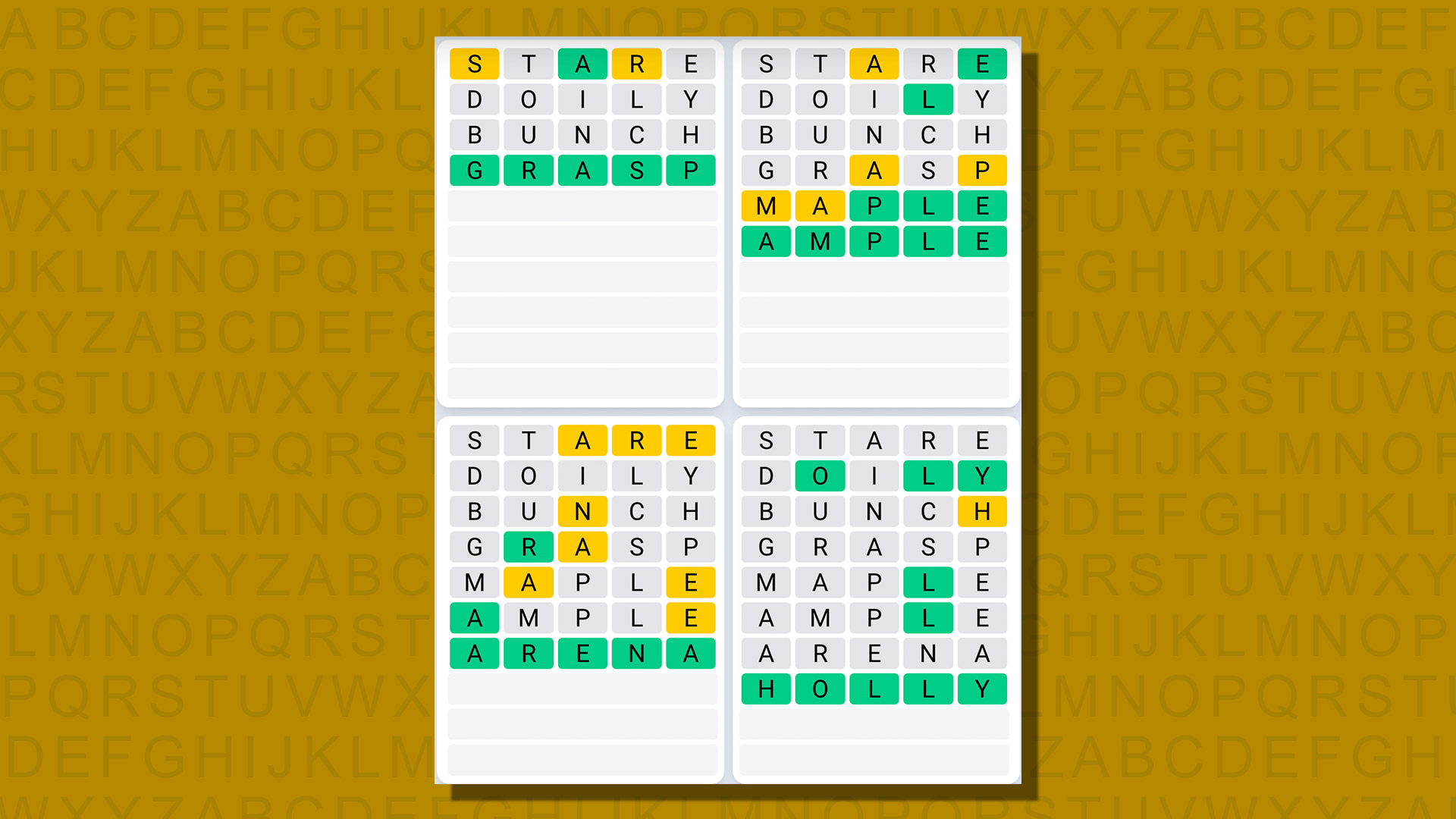 Ежедневная последовательность ответов Quordle для игры 794 на желтом фоне