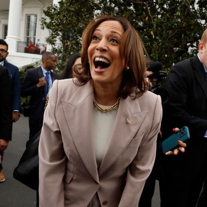 Vice President Kamala Harris laughs with the public outside the White House