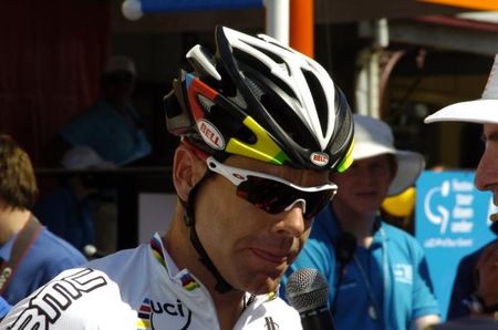 The rainbow stripes on Cadel Evans' Bell helmet helped fans spot him throughout the race, held on his home soil.