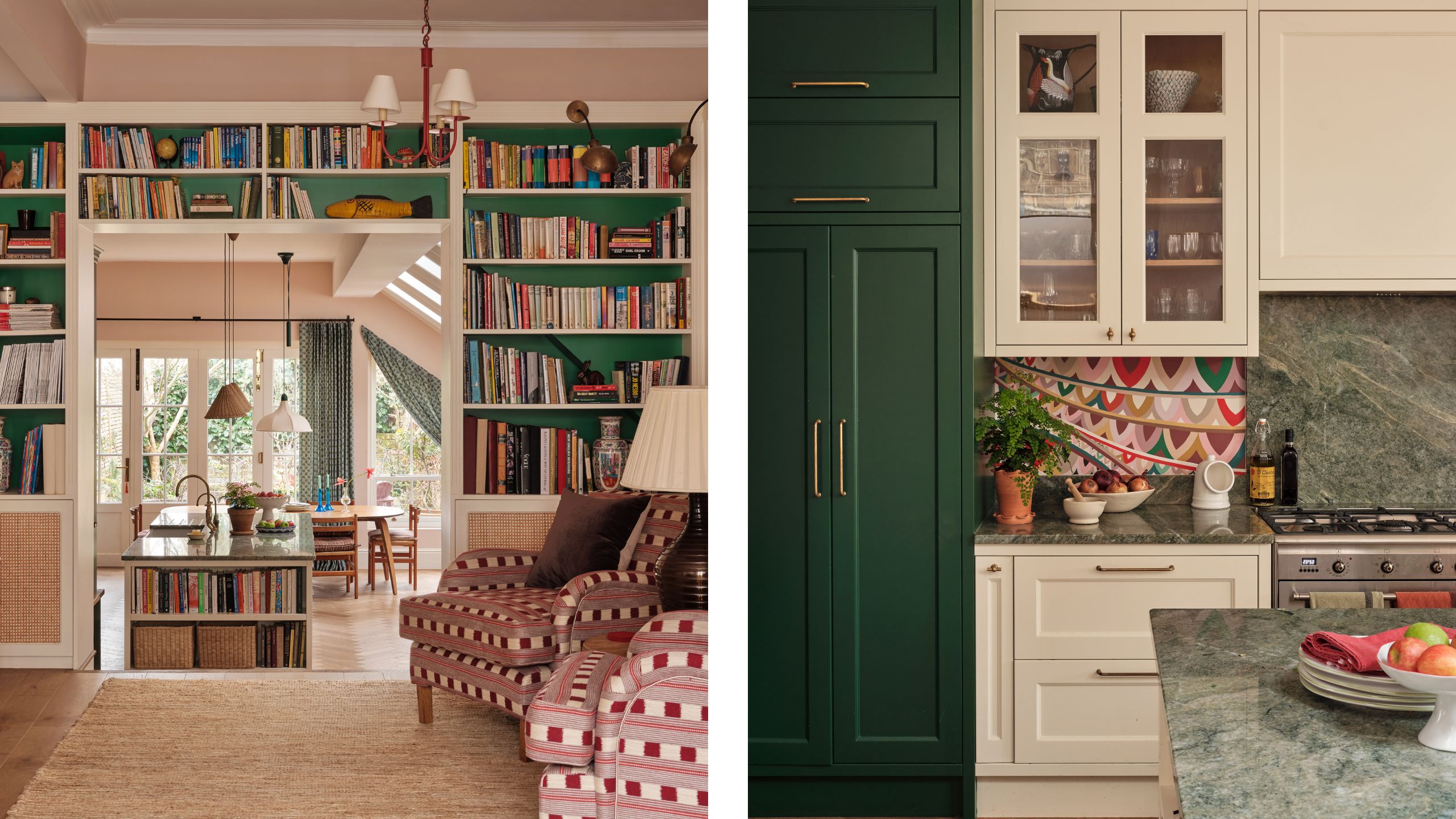 two side by side images of a middle room in a london home with green and white bookcase around a doorway looking into a white and green two tone kitchen