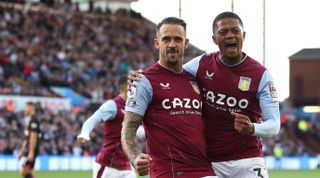 Danny Ings and Leon Bailey of Aston Villa celebrate after Ings scored their team's second goal in the Premier League match versus Brentford on 23 October, 2022 at Villa Park, Birmingham, United Kingdom