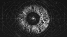 Illustration of a spiral galaxy within a human iris and sacred geometry symbols