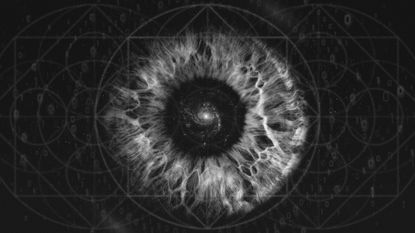 Illustration of a spiral galaxy within a human iris and sacred geometry symbols