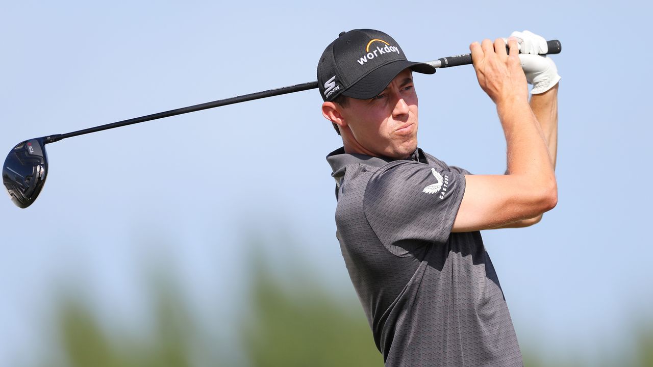 Matt Fitzpatrick holds his finish after hitting a drive