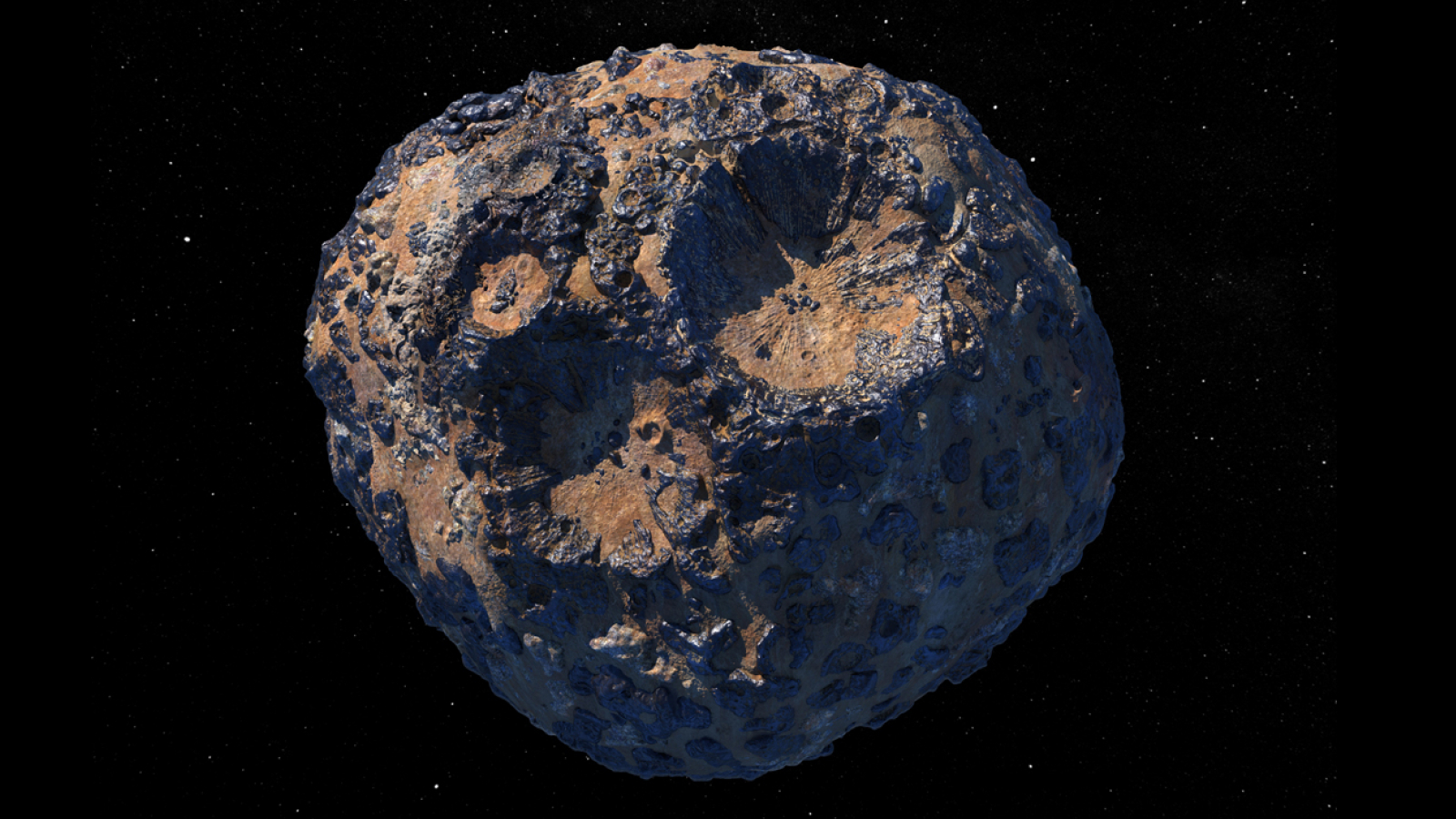 This illustration, created in March 2021, depicts the 140-mile-wide (226-kilometer-wide) asteroid Psyche, which lies in the main asteroid belt between Mars and Jupiter.