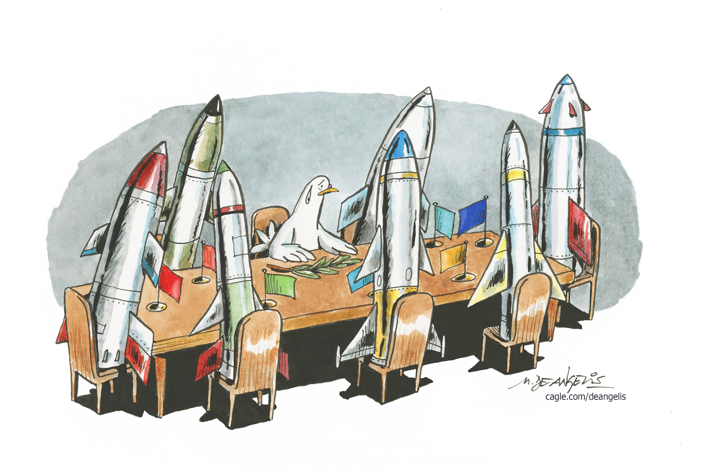 A nervous-looking dove sits at a negotiating table with a laurel of peace. There are seven other chairs and each is filled with a missile in front of a different-colored flag.