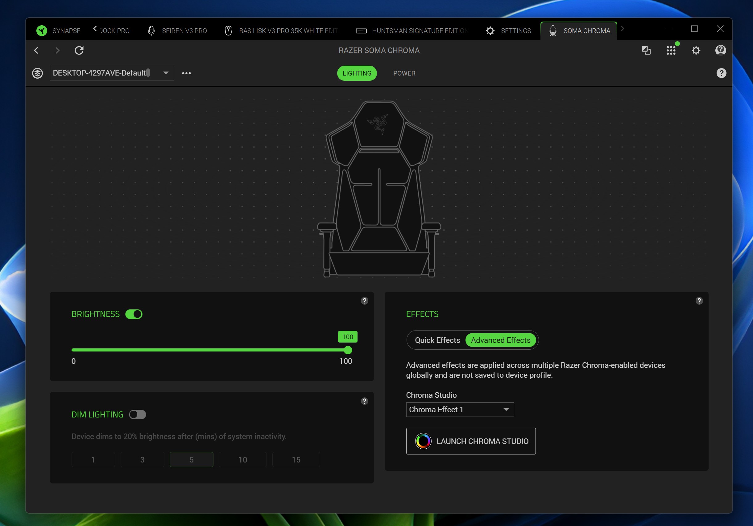 A screenshot of the Razer Synapse software for the Soma Chroma, showing lighting controls and a chair outline.