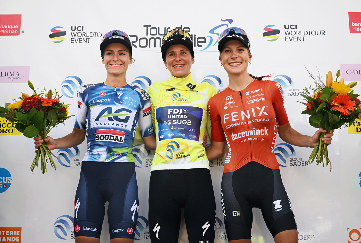 AIGLE, SWITZERLAND - AUGUST 17: (L-R) Urska Zigart of Slovenia and Team AG Insurance - Soudal on second place, race winner Elise Chabbey of Switzerland and Team FDJ - SUEZ - Yellow Leader Jersey and Yara Kastelijn of Netherlands and Team Fenix-Deceuninck on third place pose on the podium ceremony after the 4th Tour de Romandie Feminin 2025, Stage 3 a 122.1km stage from Aigle to Aigle / #UCIWWT / on August 17, 2025 in Aigle, Switzerland. (Photo by Dario Belingheri/Getty Images)